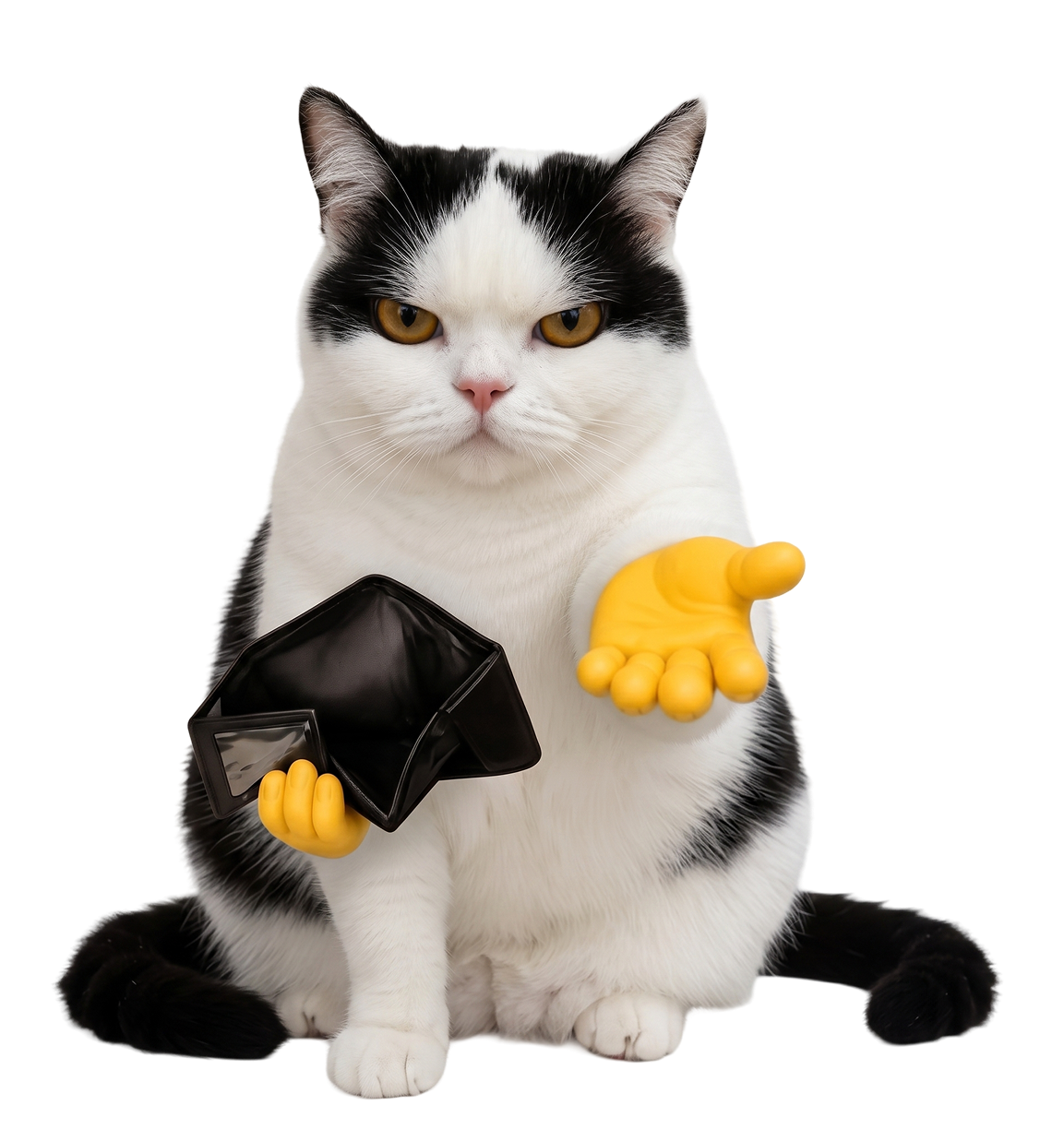 Black and white cat holding an empty wallet with an open begging paw