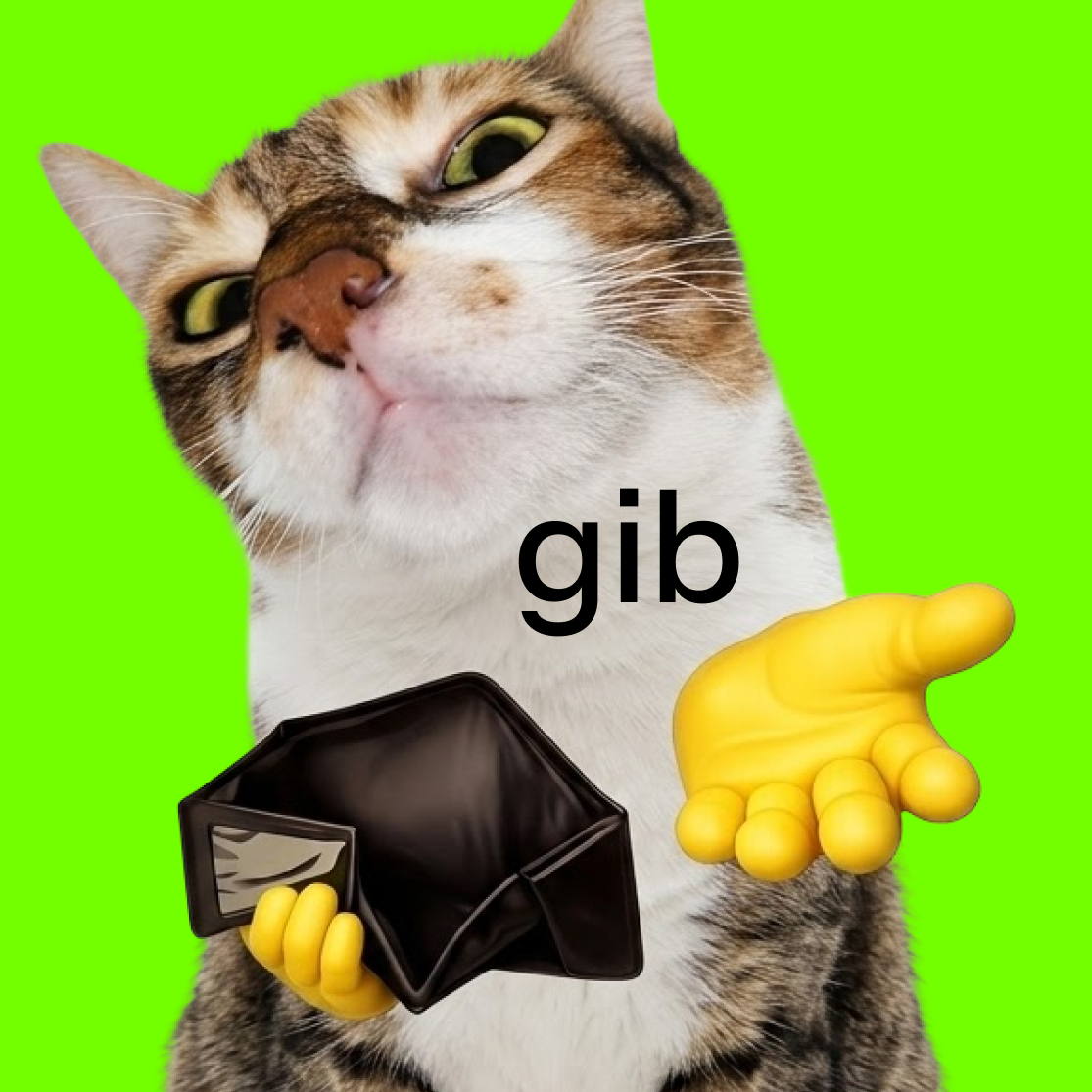 The $TIPCAT mascot cat asking for tips on a green background
